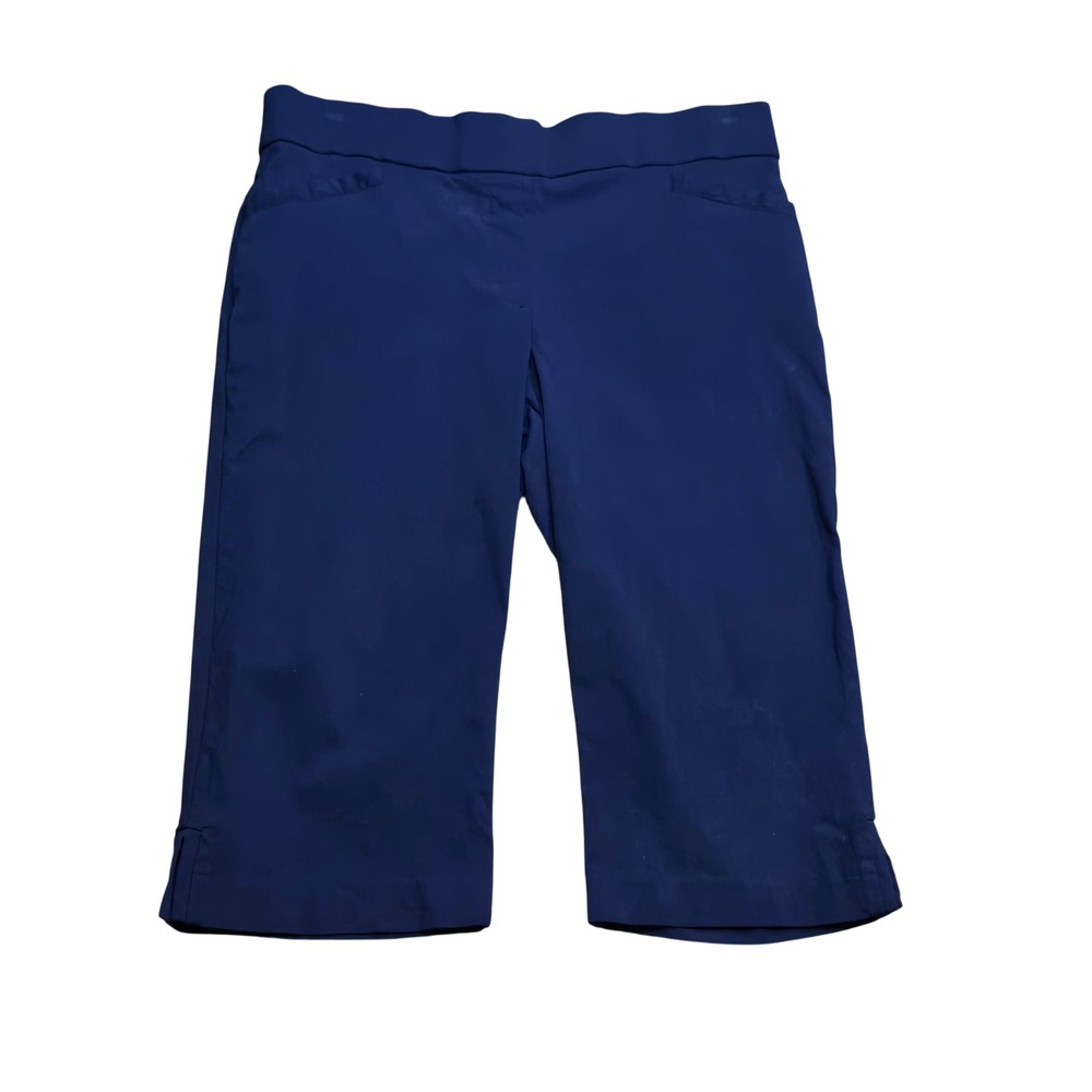 Laura Scott Navy Blue Pull On Capri Pants Stretch Cropped Trousers Side Slit